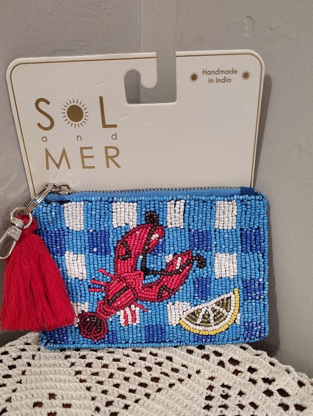 SOL and MER Beaded Lobster Coin Purse Blue & Red NEW Viral
